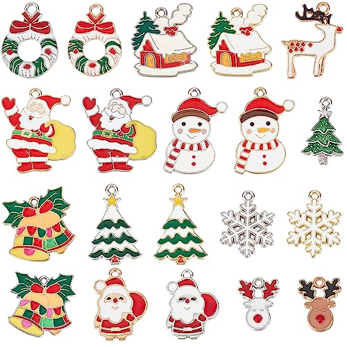 SUNNYCLUE 1 Box 40Pcs 20 Style Christmas Tree Charms Xmas Charms Winter Bulk Bell Santa Claus for jewellery Making DIY Bracelet Necklace Craft Christmas Party Decor Gold Silver