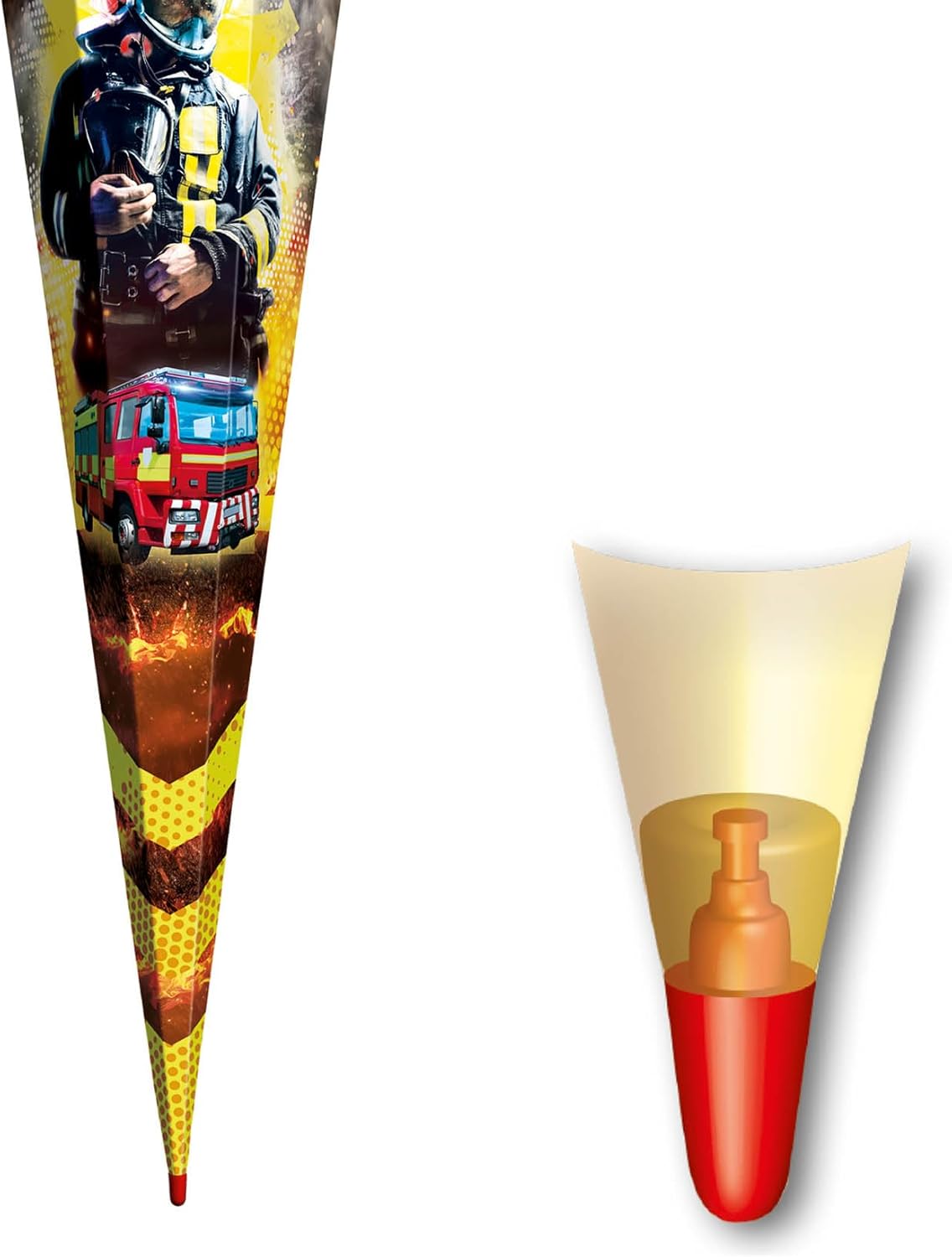 ROTH Large School Cone Fireman 85 cm - Square Red Lace Tulle Closure - Fireman First Day of School Sweets Cone