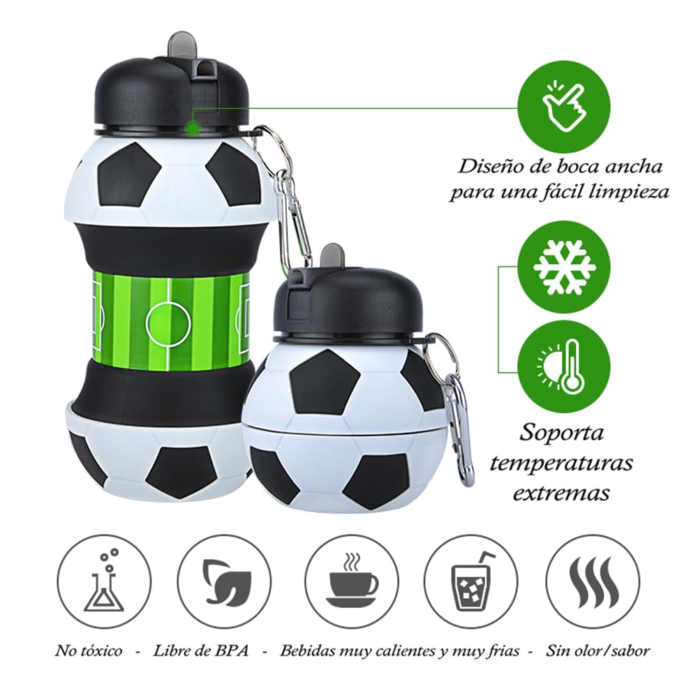 Botella de agua plegable para niños y niñas sin bpa. Cantimplora infantil para camping, personalizada con tu deporte. Balón de agua compacto para regalo original (Futbol)
