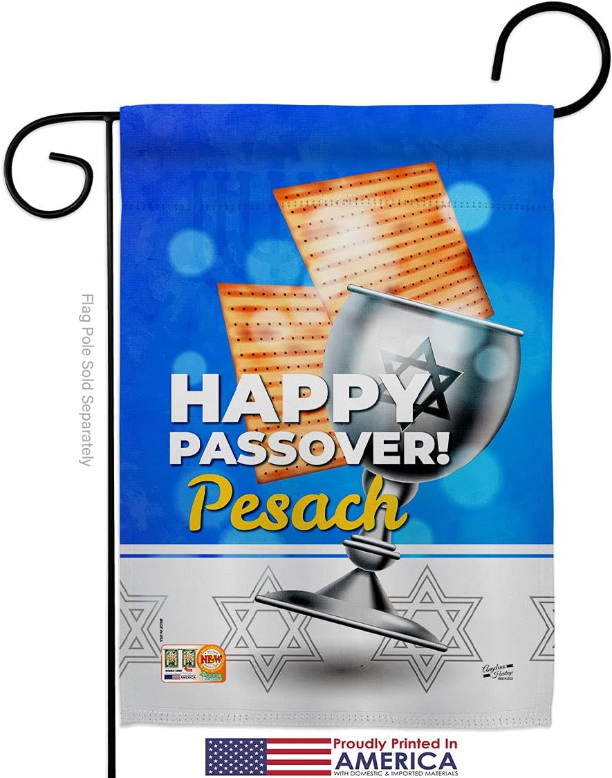 Happy Passover Pesach Garden Flag Set Wall Holder Religious Wine Celebration Festival Holiday Jewish Hanukkah David Small Decorative Gift Yard House Banner Made In USA 13 X 18.5
