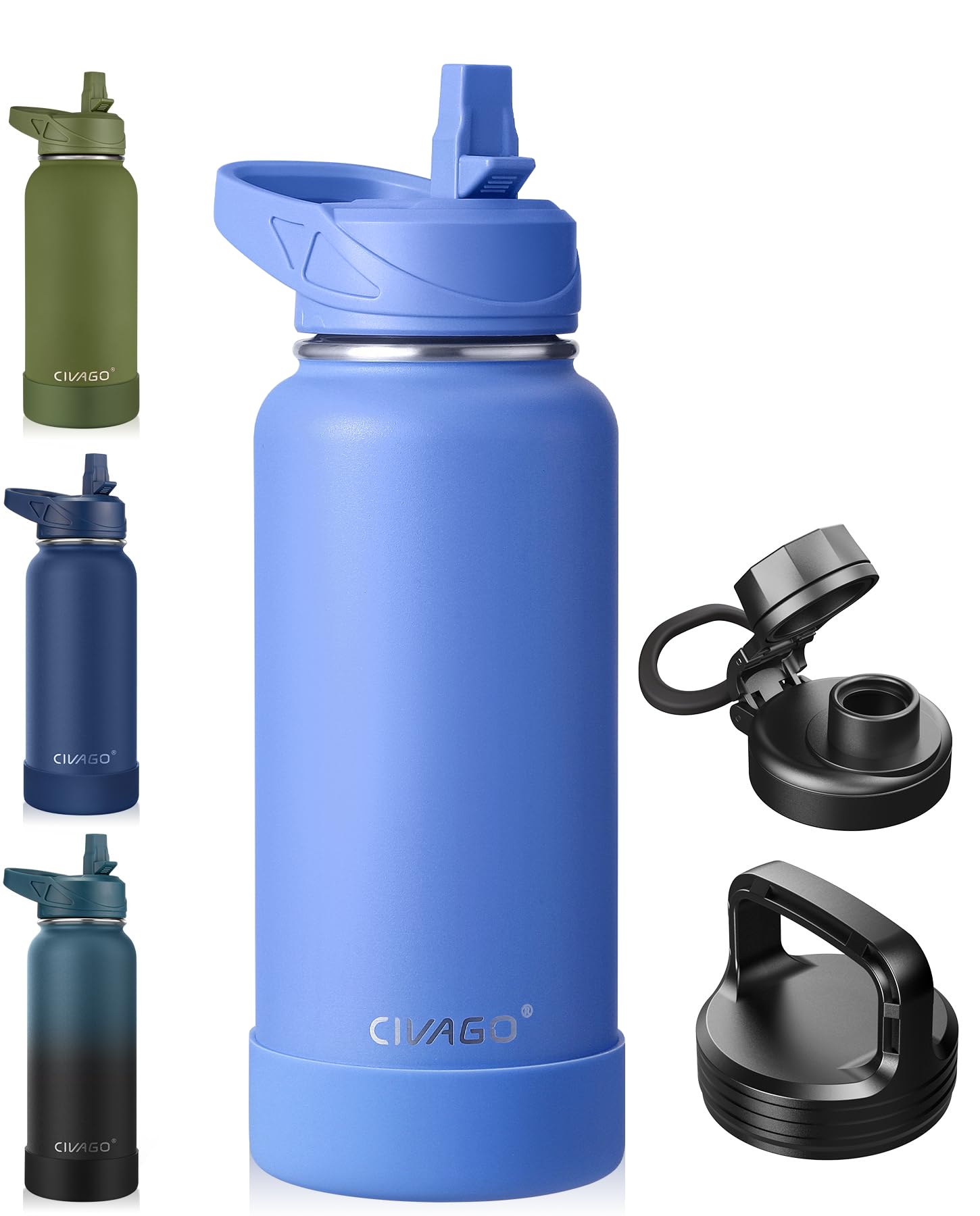 CIVAGO 32 oz Insulated Stainless Steel Water Bottle With Straw and 3 Lids | Large Metal Sports Water Jug Leakproof Reusable Wide Mouth Thermal Flask Cup with Silicone Boot, BPA-Free, Light Blue