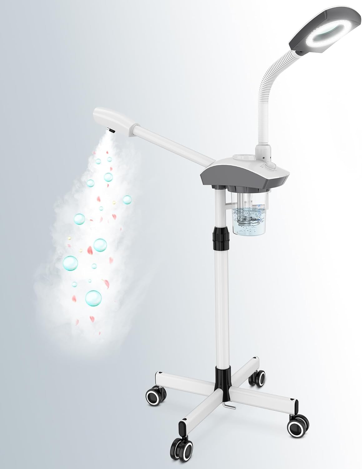 Professional Facial Steamer by Kingsteam - 2 in1 Face Steamer with 5X Magnifying Light Arm, Ozone Facial Steamer on Wheels, Nano Water Mist, High Volume Steam for Baber, Salon and Home use, White
