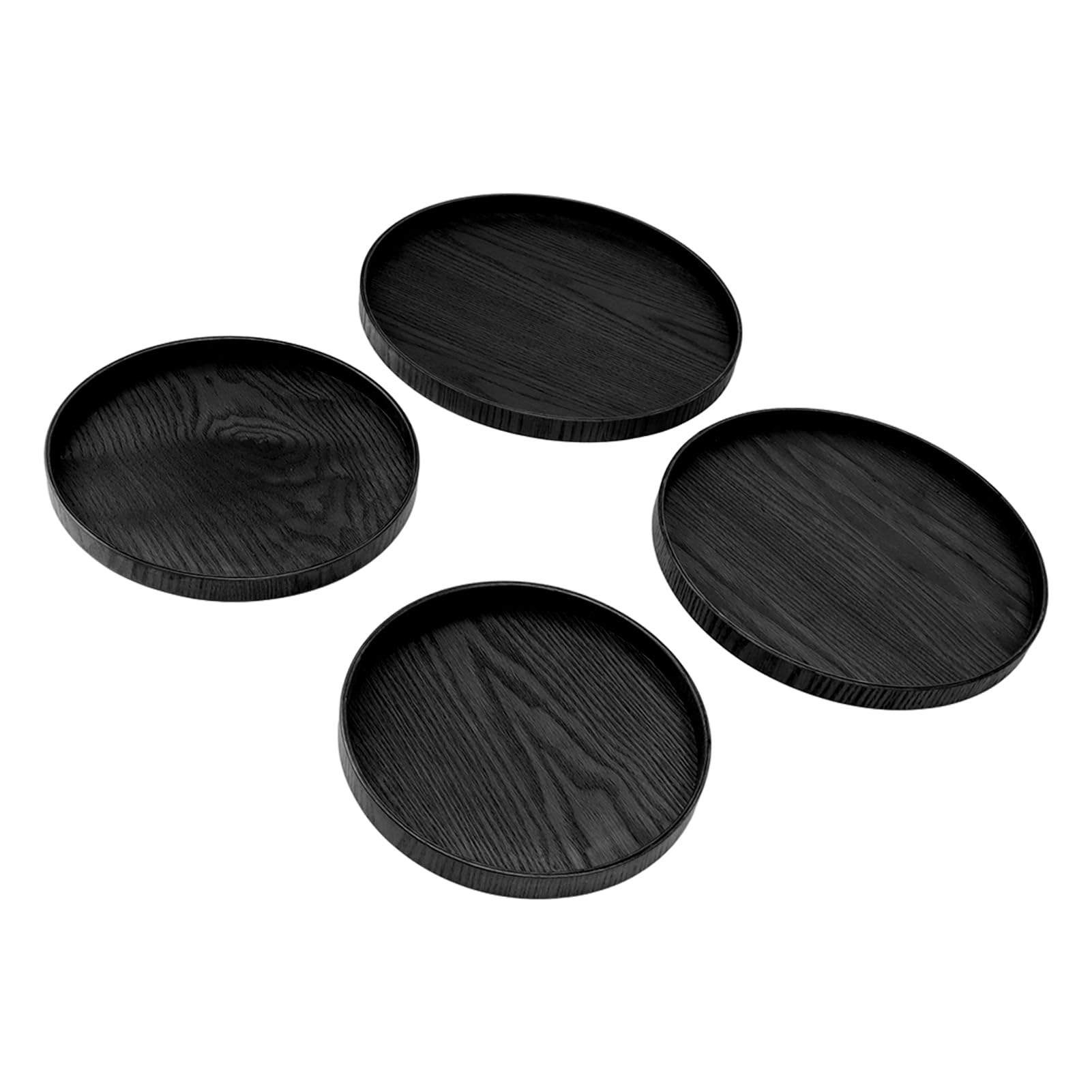 Juego de 4 bandejas redondas de madera para servir, platos de madera de fresno antideslizantes con bordes elevados, ideal para frutas, aire acondicionado y drin en restaurantes, cafeterías y uso