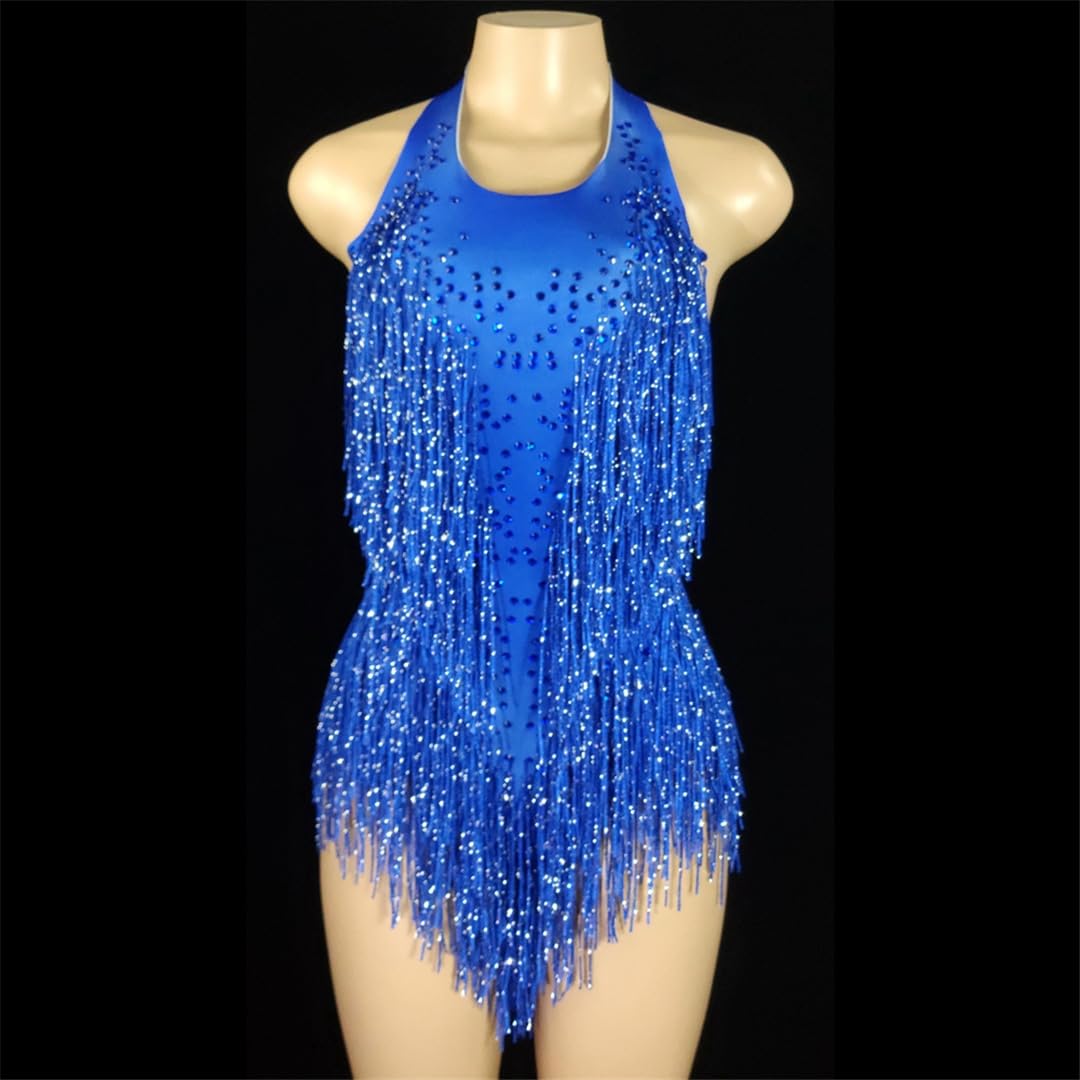 Body sexy con flecos de cristales brillantes y borlas, traje de baile de jazz, ropa de una pieza para escenario