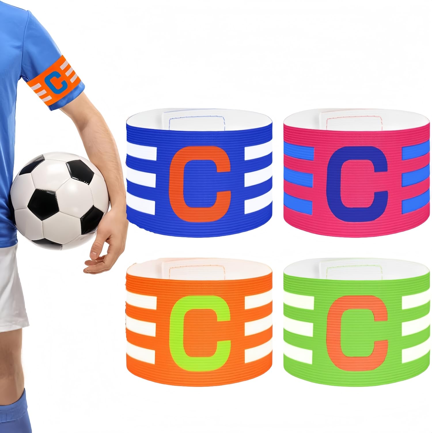 Lot De 4 Brassards Capitaine Multicolores – Ajustables, élastiques, C Brodé, Pour Foot, Rugby, Hockey, Enfants/adultes