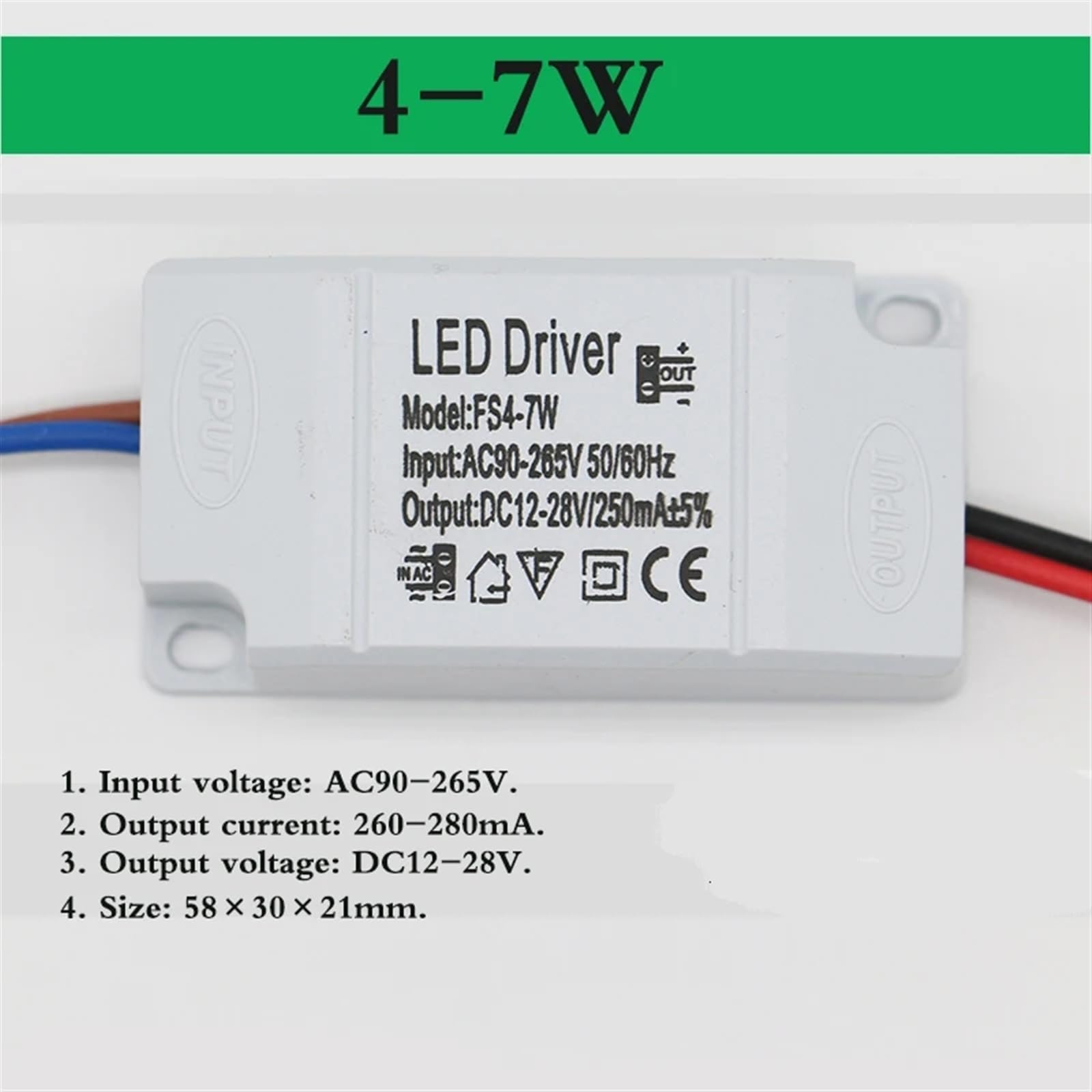 Fuente de alimentación LED, adaptador de controlador 1W-24W 240-280mA con enchufe SM, iluminación de 90-265V CA para panel luminoso LED, 1 unidad (4-7W)