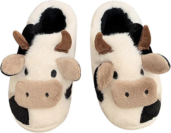Cute Fuzzy Cow Slippers for Men, Comfy Cotton Animals House Slippers Fluffy Plush Man Slip On Home Shoes for Bedroom Living Room Indoor, Open Heel Size 12-13