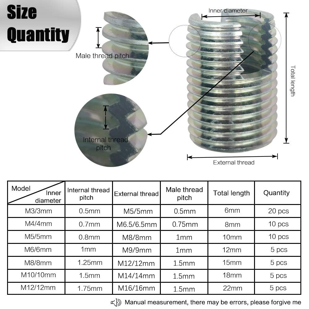 60 Piezas Insertos Roscados M3 M4 M5 M6 M8 M10 M12,Tornillo Inserto Ranurados Inserciones de Rosca Autorroscantes, Herramientas de Reparación de Roscas