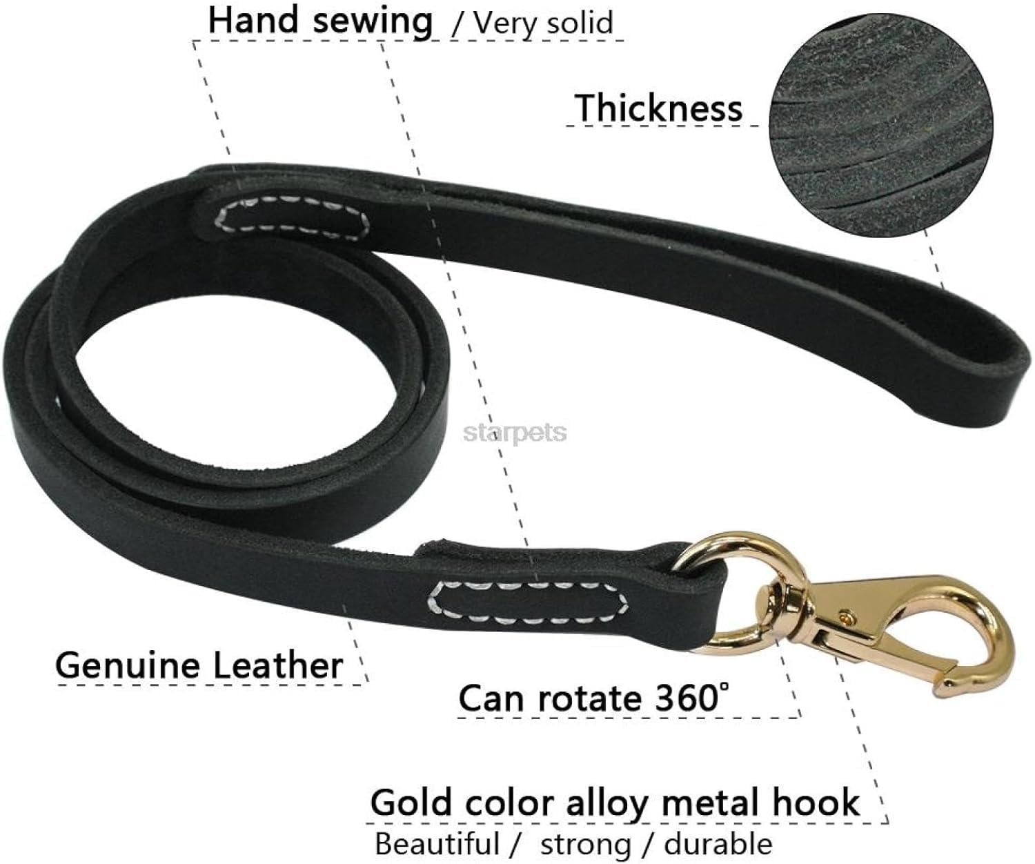 Strapazierfähige, handgefertigte Leder-Hundeleine, Dunkelbraun / Schwarz mit goldfarbenem Haken, ideal für Spaziergänge, Training aller Hunderassen