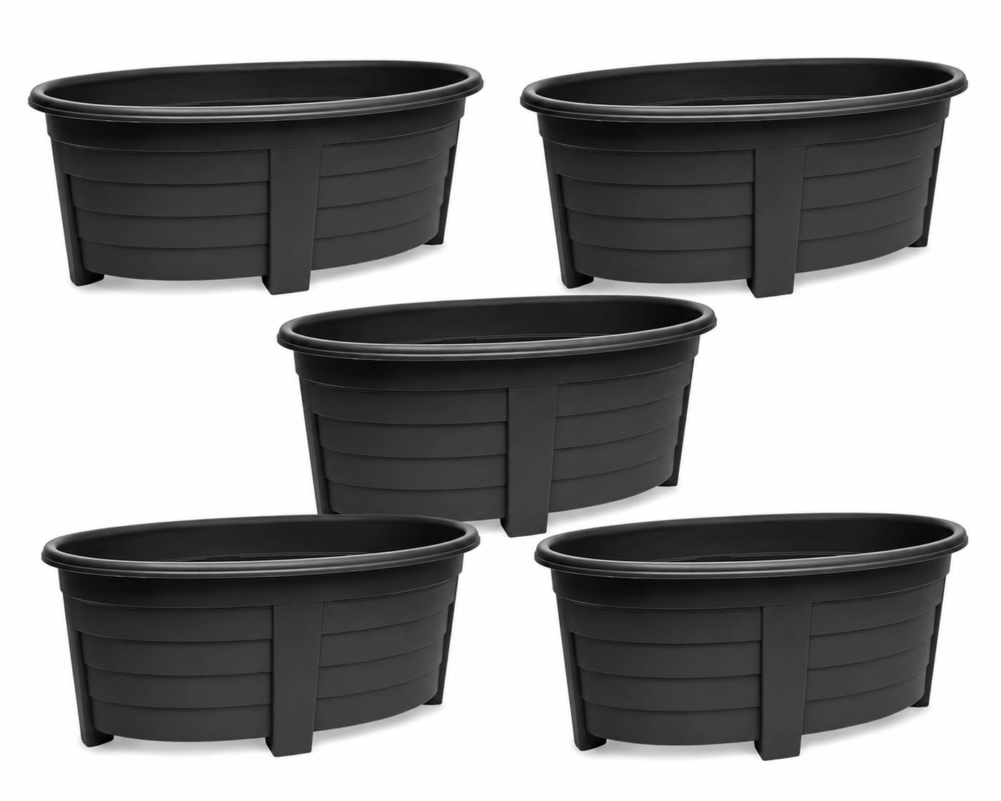 OptiProducts Extra Large 55cm Oval Garden Planter Plastic Trough Plant Pot Raised Outdoor Flower Planter with Drainage for Flowers, Herbs, Vegetables, Patio, Balcony & Garden (Black, 5)
