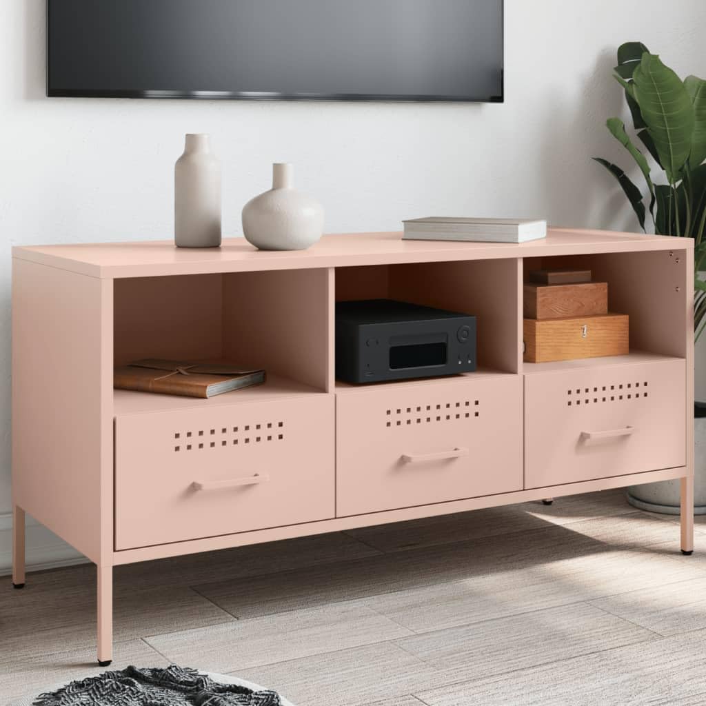 Meuble TV rose avec pieds réglables pour corriger les sols irréguliers
