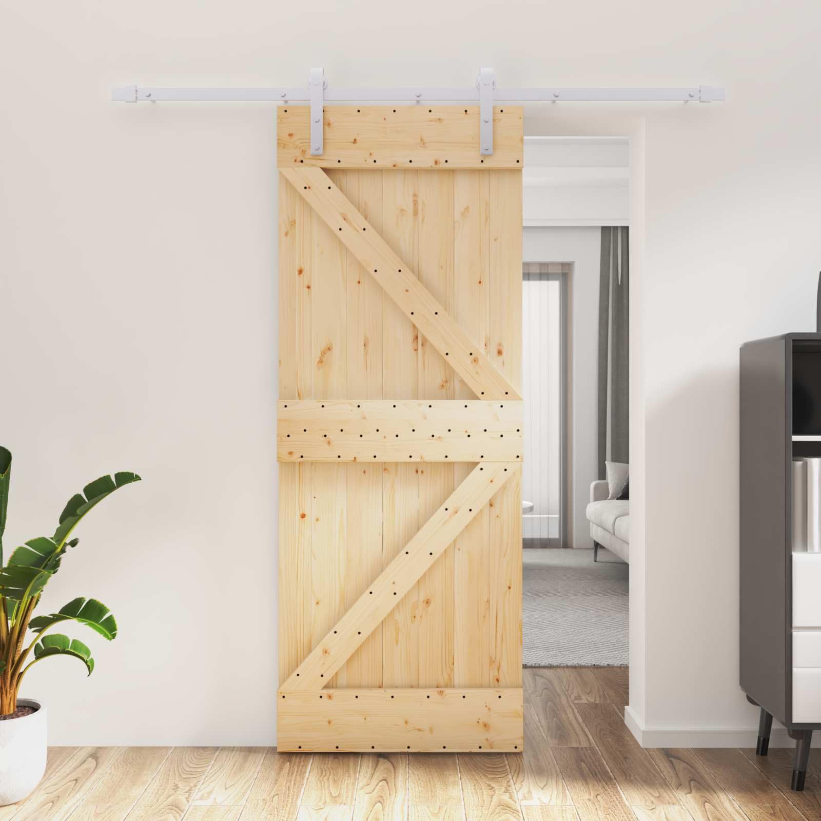 Drzwi przesuwne, białe, naturalne, lite drewno sosnowe, 80 x 210 cm, drzwi wewnętrzne z malowaną proszkowo szyną stalową, zajmujące niewiele miejsca wzornictwo, do mieszkania, łazienki