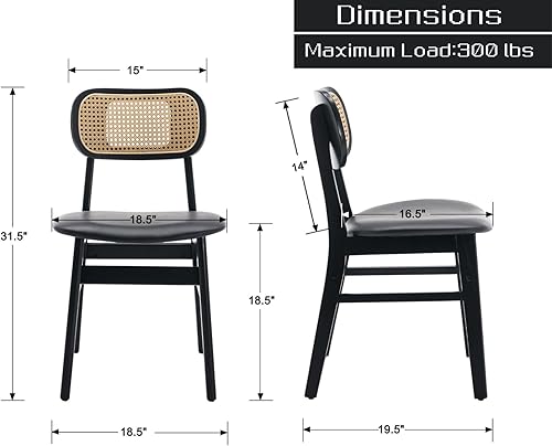 Miniatura 2 de Juego de 2 sillas de comedor de ratán de piel sintética negra con respaldo de bastón, sillas de cocina modernas de estilo rústico de mediados de