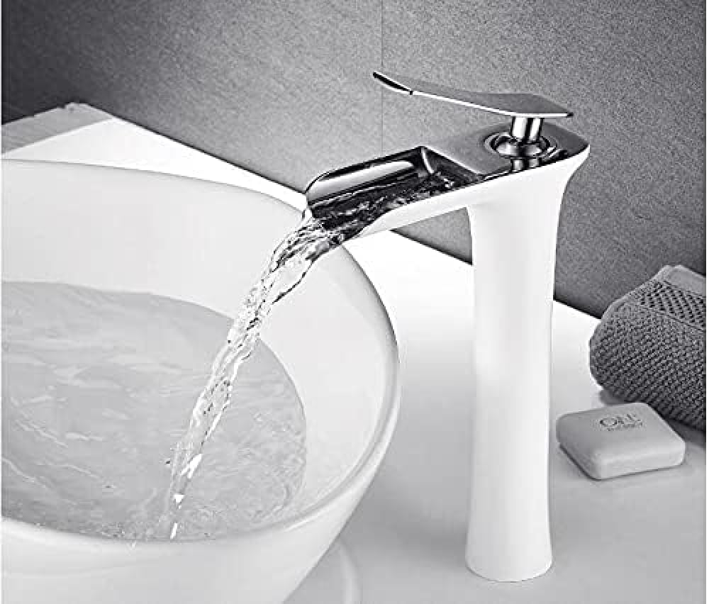 Robinet de lavabo cascade en laiton doré et blanc mitigeur