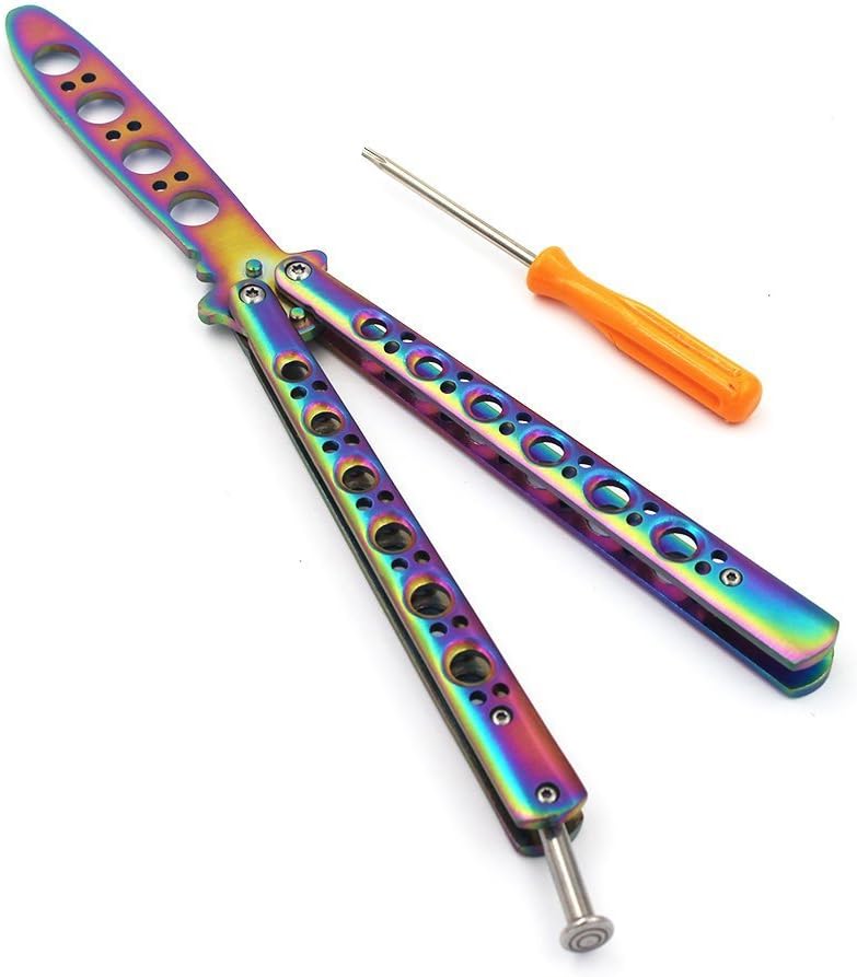 FIGROM Butterfly Training Knife,Rainbow Stainless Steel Blunt Balisong Practice Pocket Knives Trainer Tool