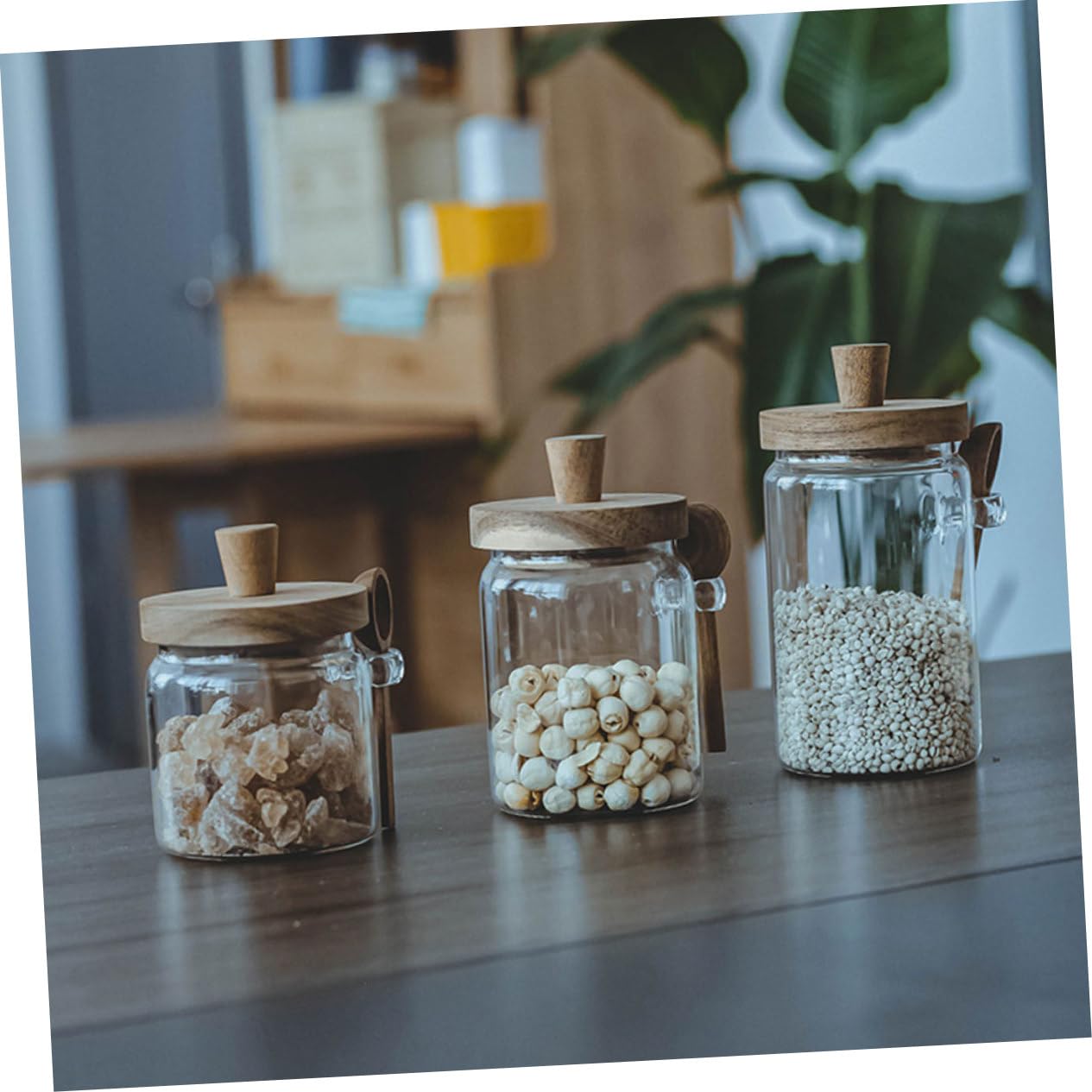NOLITOY 3 Stück Gewürzgläser aus Hochborosilikat Glas mit Holzdeckel und Löffel Luftdichte Gewürzbehälter für Küche Vorratsgläser zur Aufbewahrung von Salz Pfeffer und Zucker