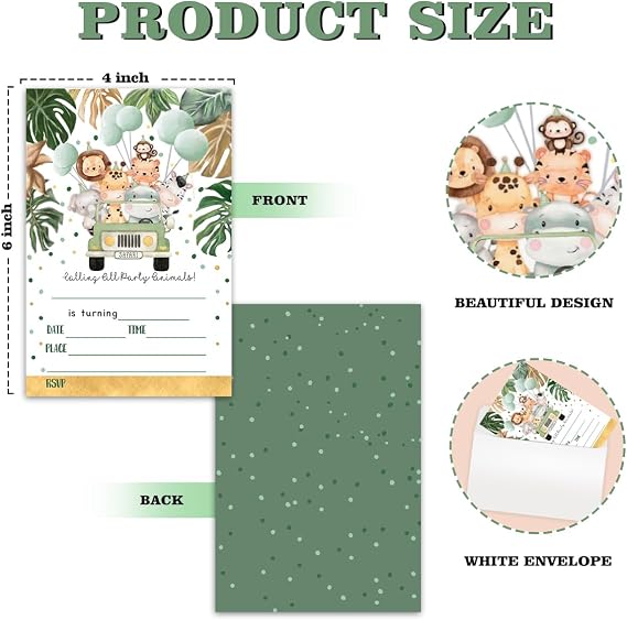 Birthday Party Invitation Cards, Jungle Animals Party Celebration, Animals Driving Balloon Cars,Party Supplies, Favors, 20 Cards With 20 Envelopes (dongw01)