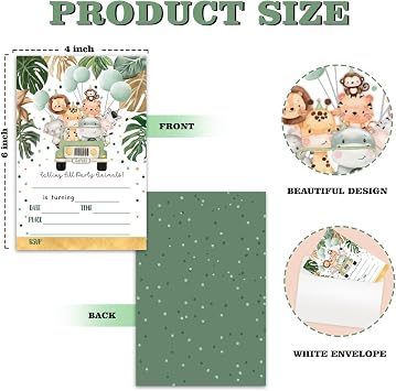 Birthday Party Invitation Cards, Jungle Animals Party Celebration, Animals Driving Balloon Cars,Party Supplies, Favors, 20 Cards With 20 Envelopes (dongw01)
