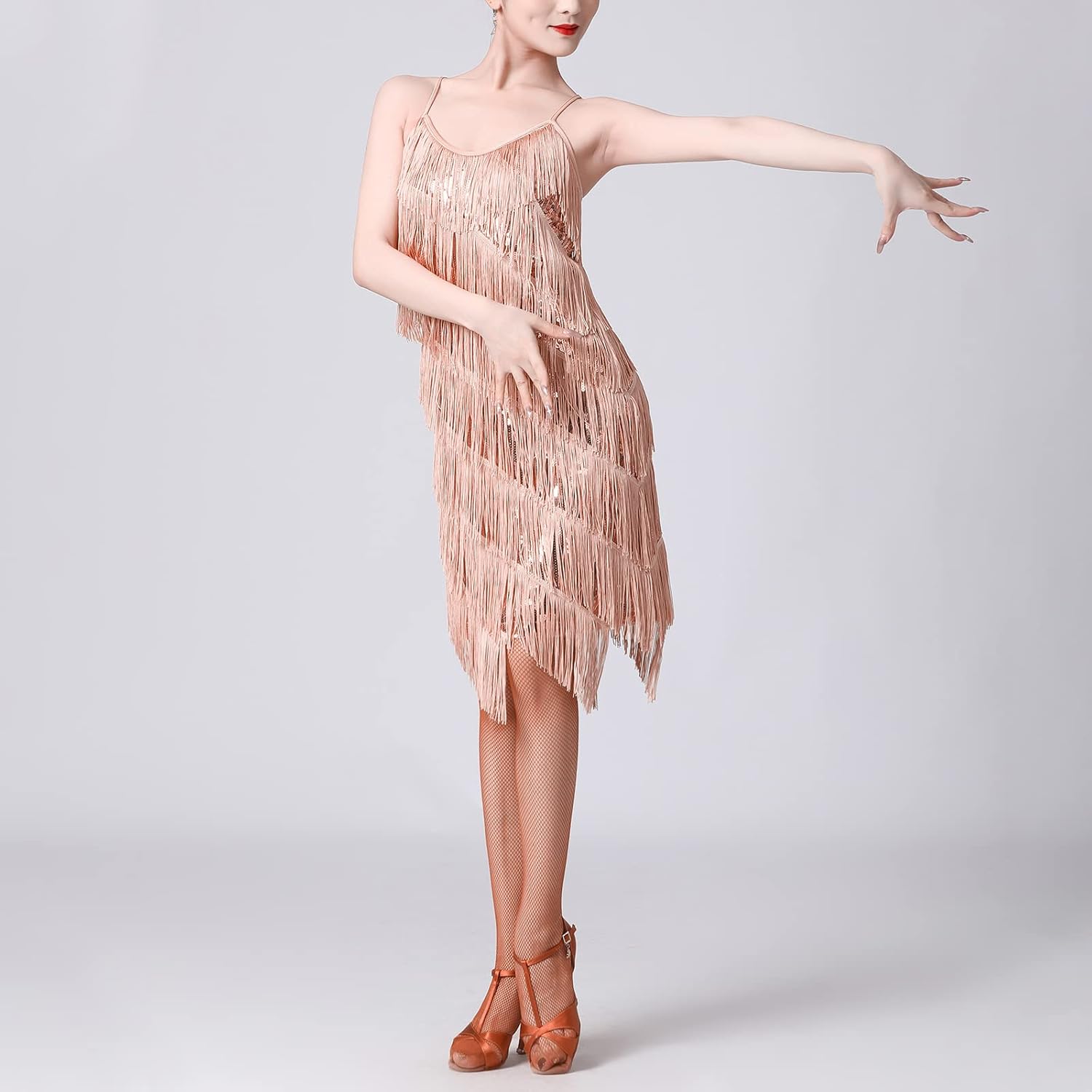 Women Sequin Tassel Flapper Dress Sleeveless Stand Collar Sparkly Fringe Latin Dresses Salsa Cha-Cha Jazz Dance Costumes