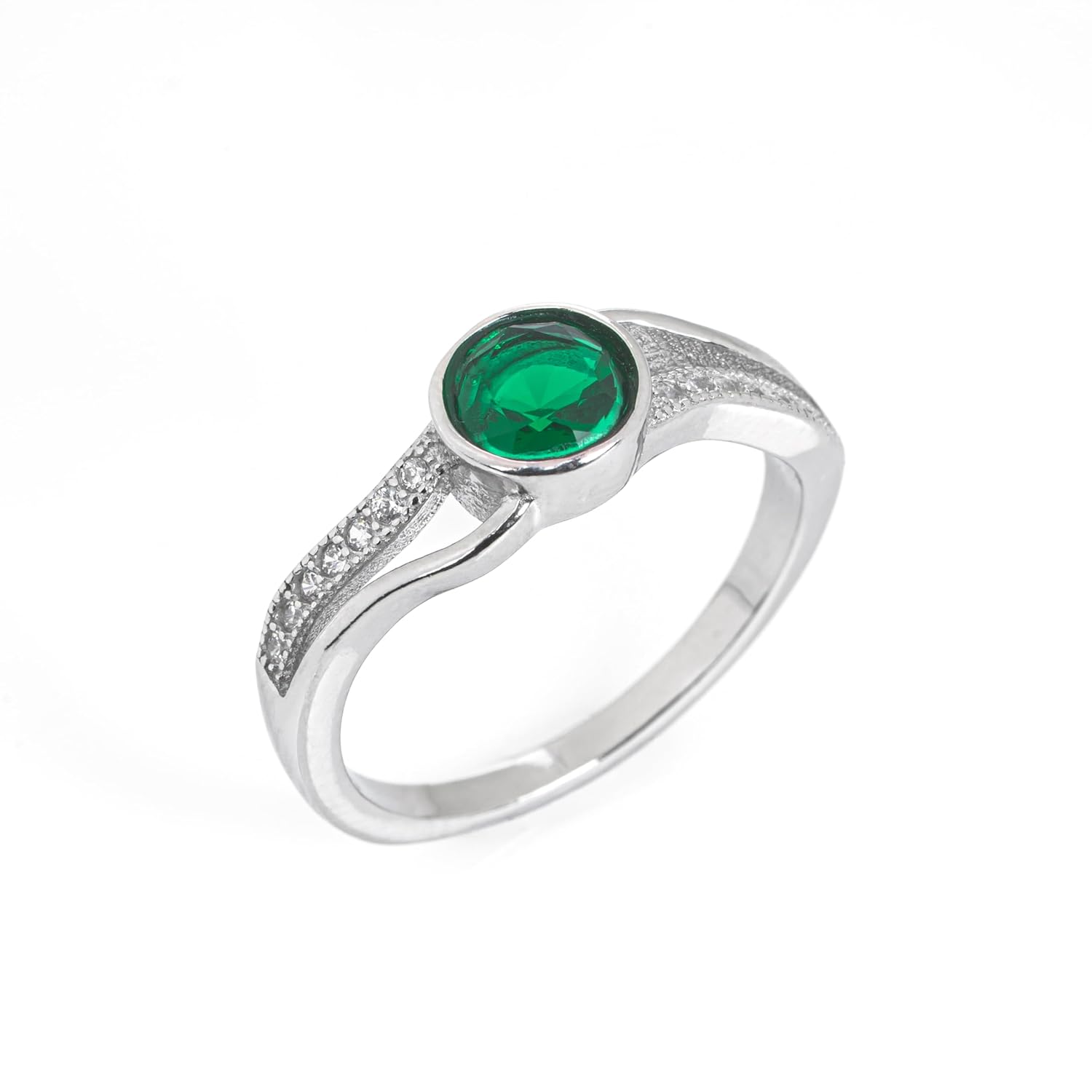 Sterling Silver 925 Ring for Women, Green Cubic Zirconia Stone, Rhodium Plated Split Band Design, Everyday Wear Jewellery