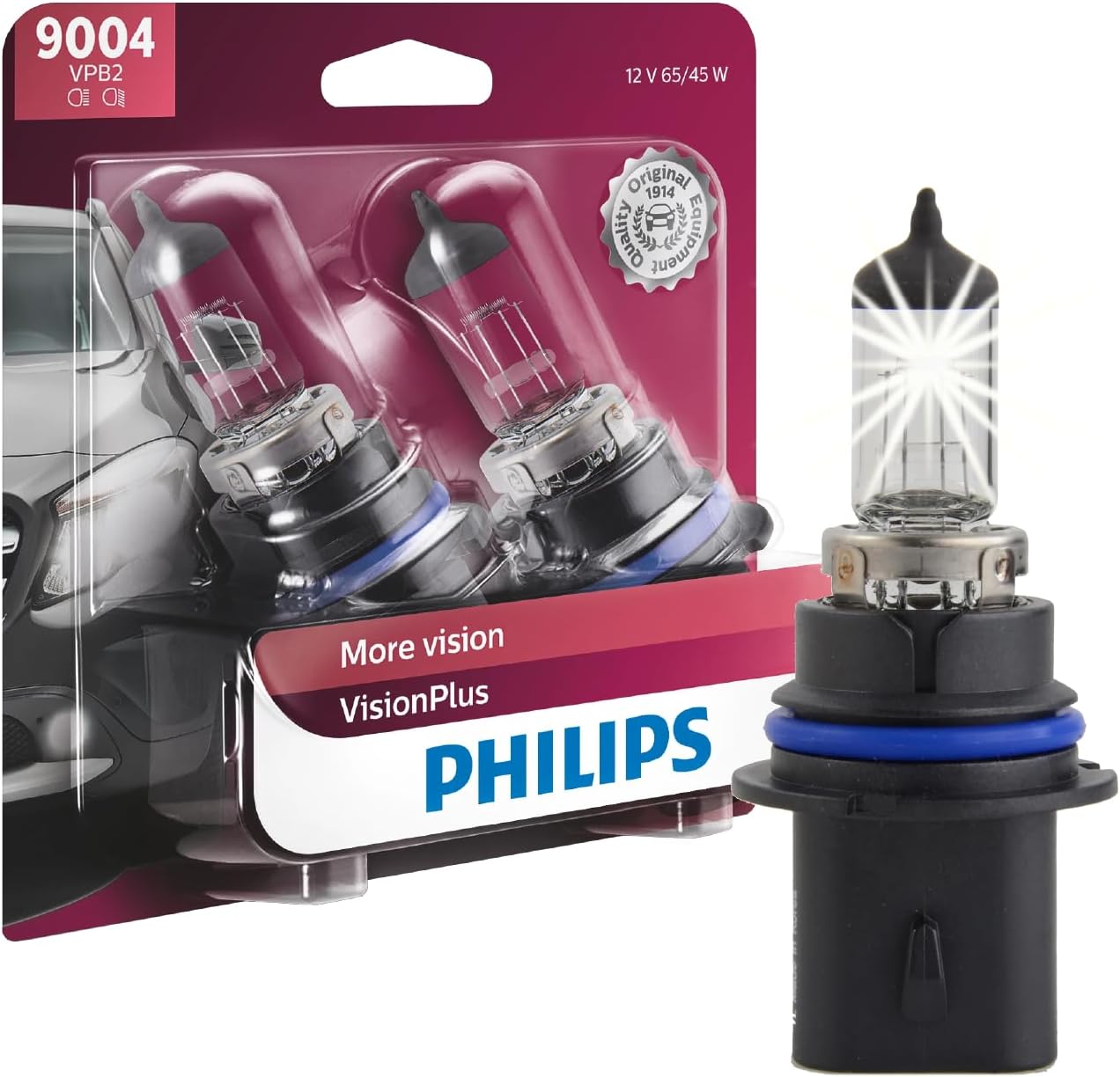 Philips Automotive Lighting 9004 VisionPlus Deluxe Upgrade Automotive Replacement Headlight Bulb, Fits Select High Beam, Low Beam, or Fog Positions (Pack of 2)