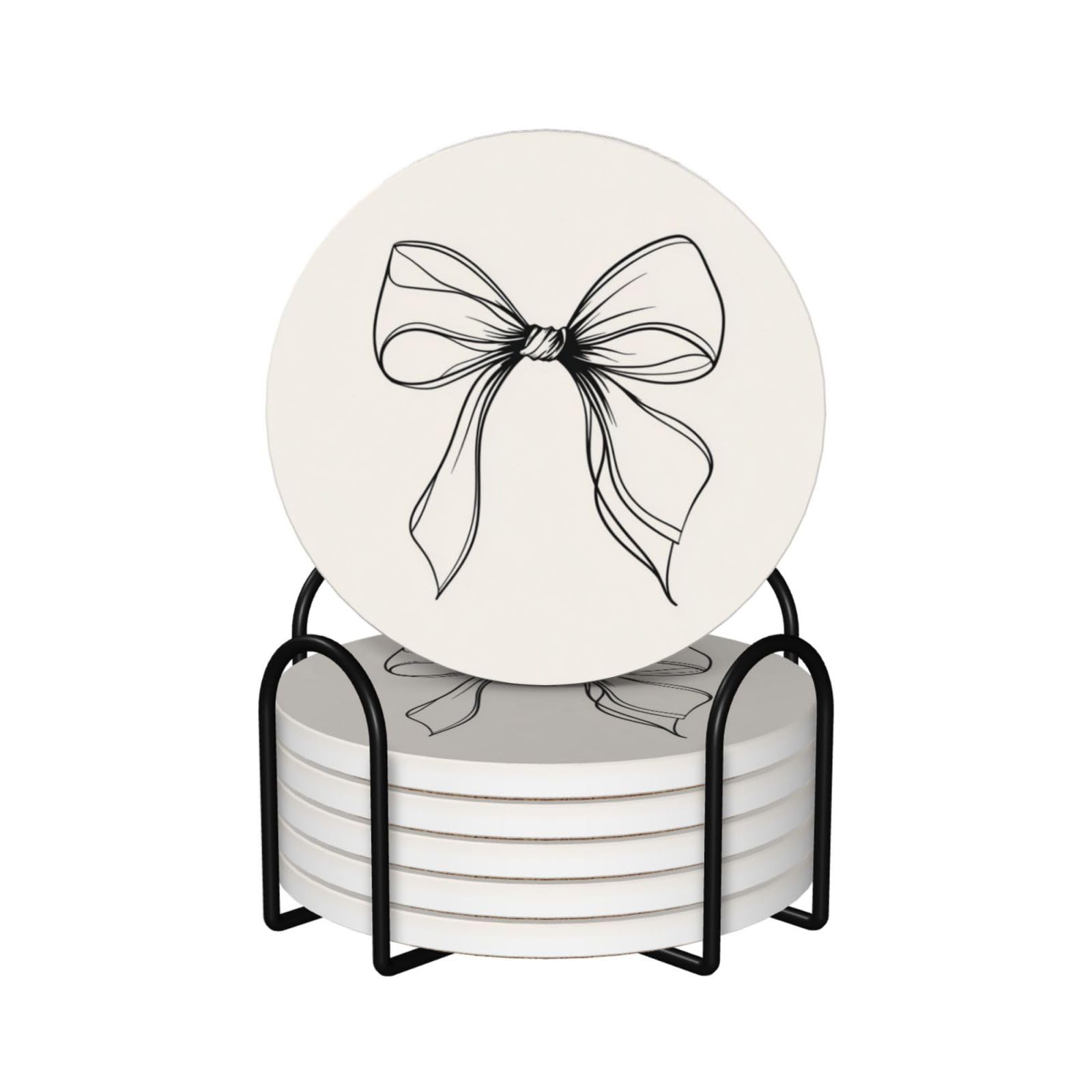 Ribbon Bowist Black and White Ceramic Coasters with Holder 6ps