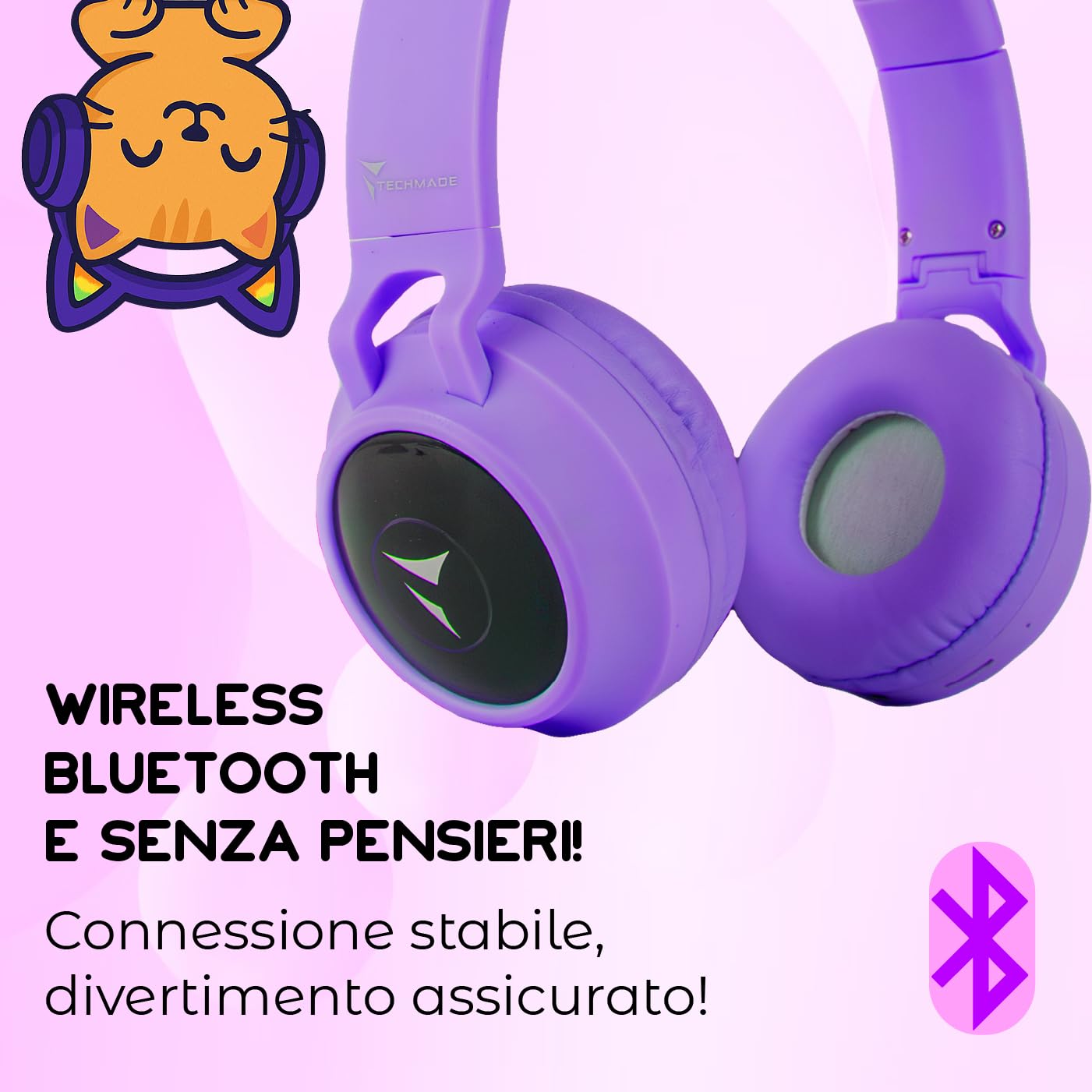 TECHMADE - Cuffie Bluetooth con Orecchie di Gatto | LED Luminosi | Microfono Integrato per IOS/Android/PC | Modalità Radio FM | Compatibili con SD Card e Cavo Jack | Colore Viola