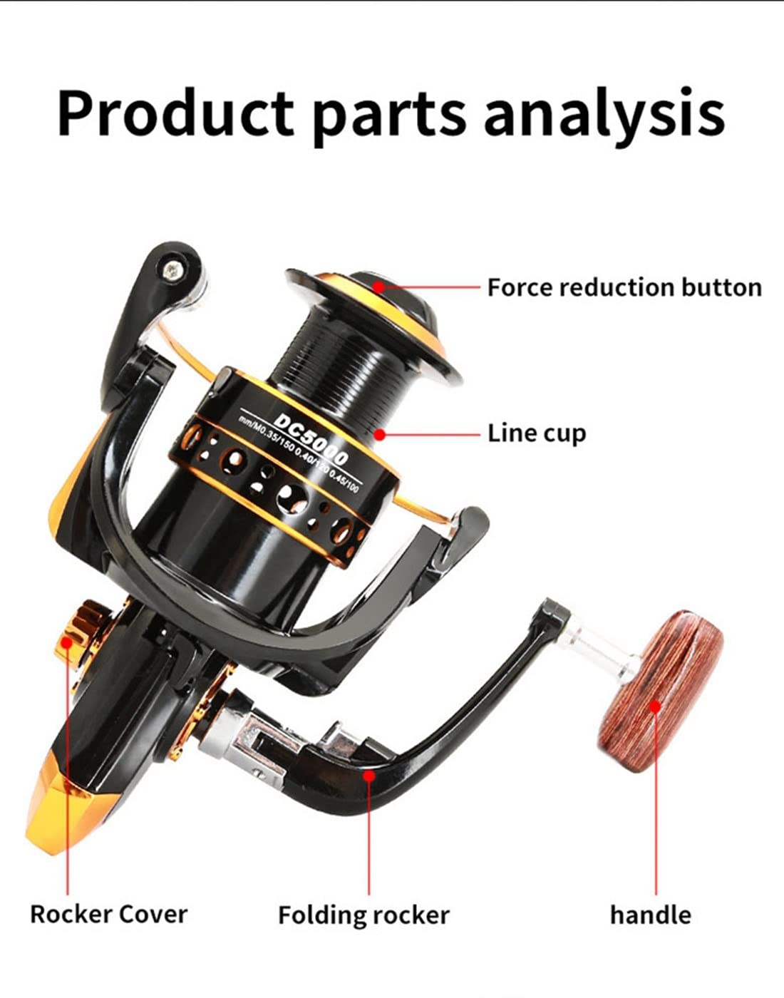 Spinning Carrete de Pesca con Freno Frontal, Negro