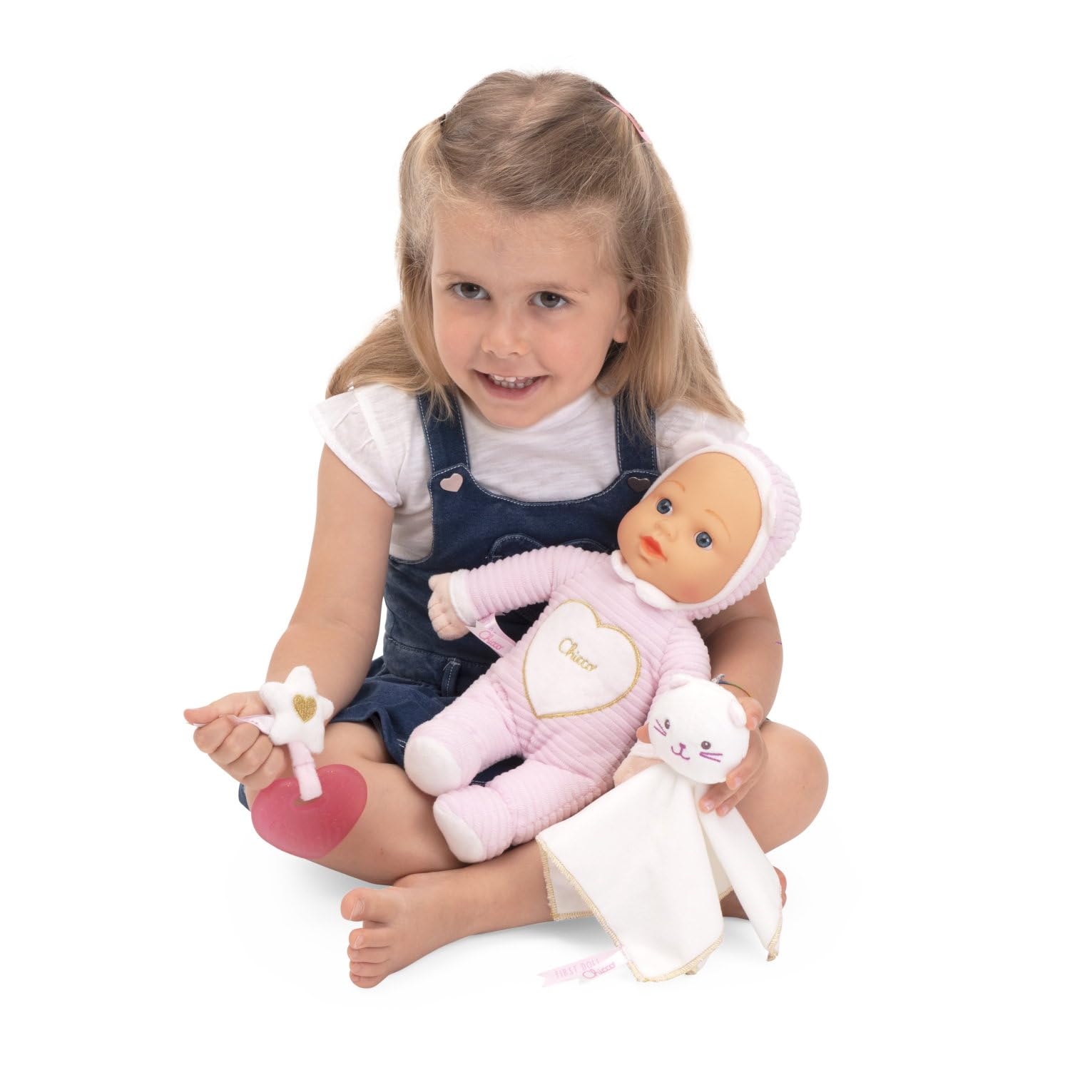 Chicco Set Regalo Nascita Bambola Morbida, Doudou Gattino e Dentinale Glitterato a Cuore, Lavabile, Soffice e Sicuro, Gioco di Ruolo, 0 Mesi