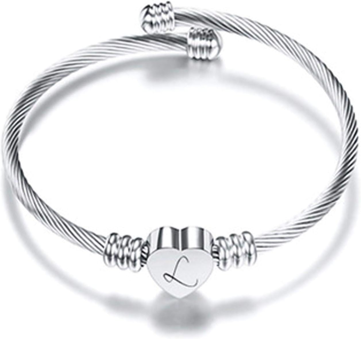 Letters Stainless Wire Bracelet Heart-Shaped Bracelet Womens Long Bracelet A-Z Letter Cuff Bangle Birthday Gift for Women