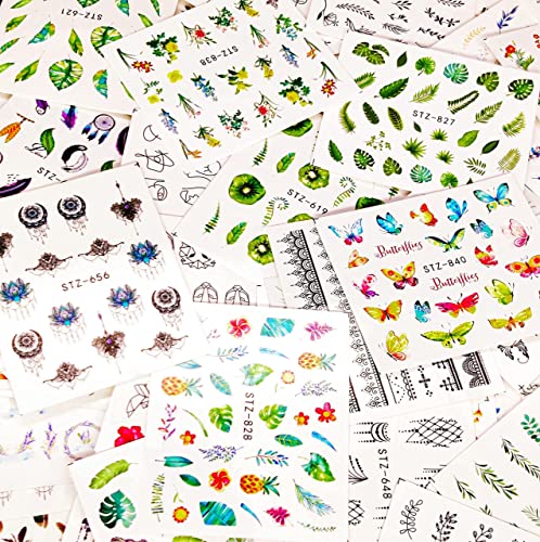 69 Sheets Water Transfer Nail Art Stickers, Diy Nail Art Decals Nail Tattoos For Gel Nails Art Design, Flowers Butterfly Leaves Feathers Mixed Patterns For Women Girls Nail Decorations #TOP3