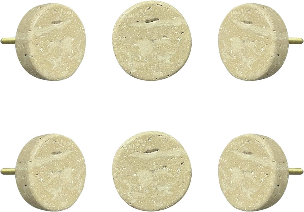 Perilla Home Set of 6 Marble Knobs for Cabinet & Drawers Decorative Travertine Round Knobs for Home Kitchen Cabinet Hardware Cupboard Glass Door Dresser Wardrobe Pulls (Beige)