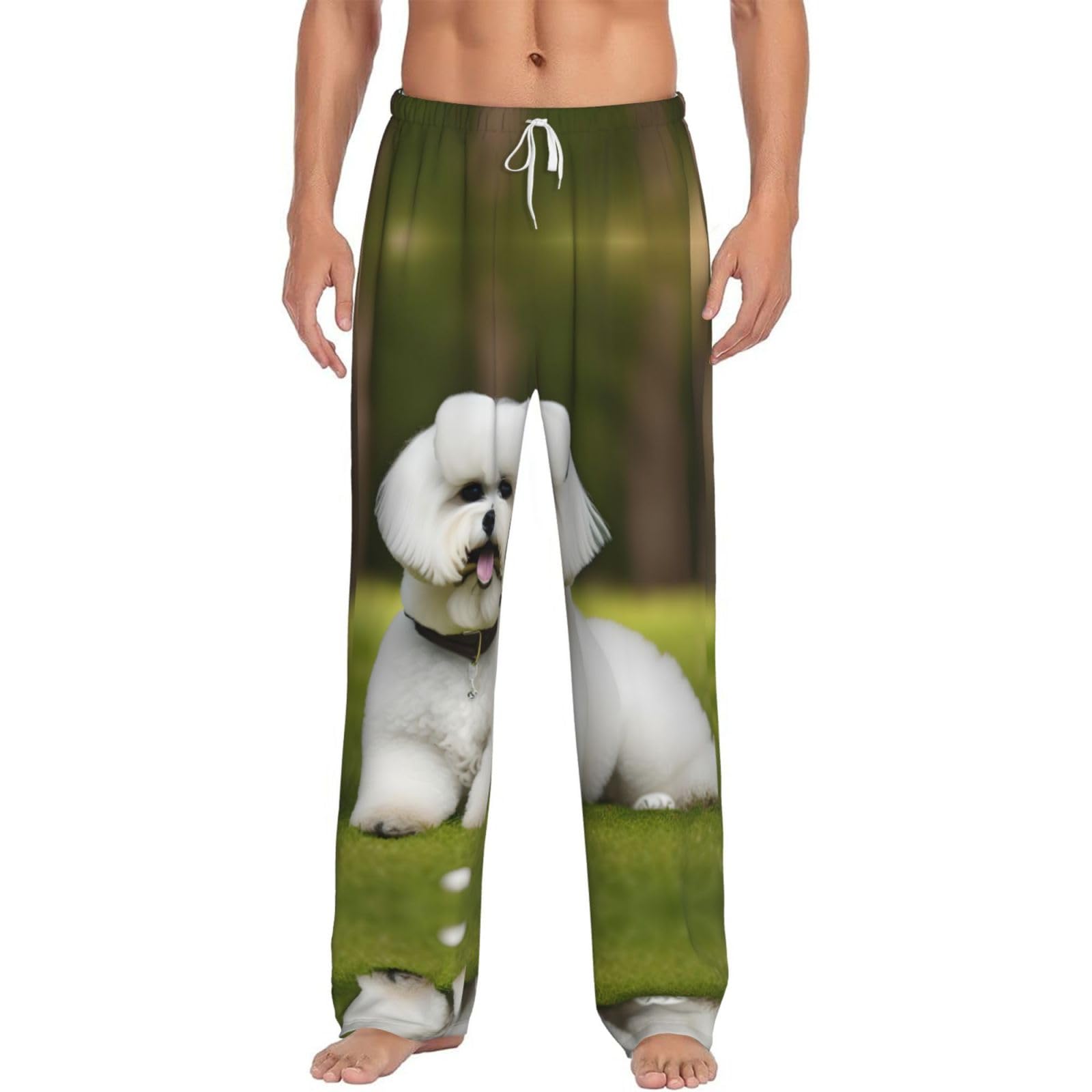 qahuopp Cute Bichon Frise Dog Print Loungewear Pyjama Bottoms Mens Pajama Sleep Pants For Men Lounge With Pockets Pant