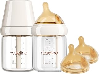 Natural Nursing Glass Baby Bottle - with Anti-Colic Vent System - BPA-Free, 5.4 oz/160ml with Medium Flow Nipple, 0-6 Months, 2 Pack (Includes 4pcs Nipples)