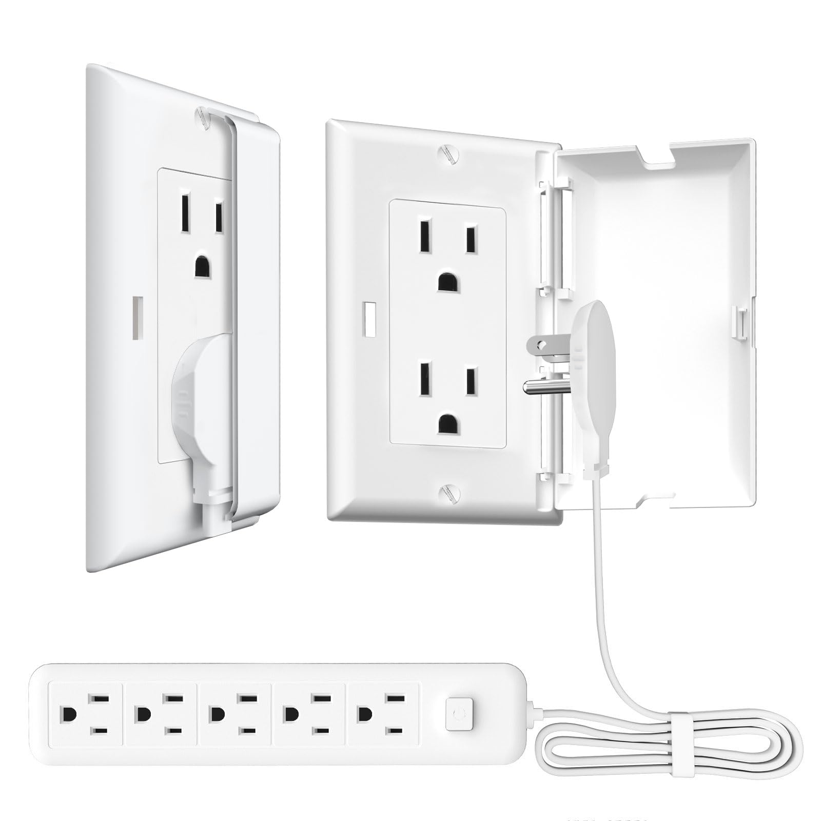 Ultra-Thin Outlet Concealer with Ultra Flat Plug Power Strip 3-Foot Extension Cord, Outlet Cover Concealer, 5 AC Outlets, 1875W for Kitchen, Home and Office (Decorator Wall Outlet Cover, 3 Foot)