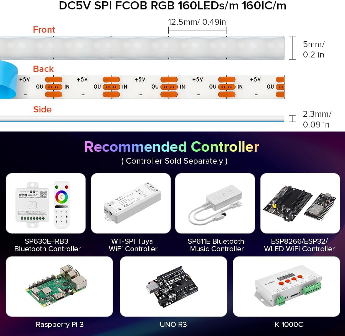 BTF-LIGHTING FCOB COB XGB1338(WS2812B) IC RGB 160LED/m 160IC LED Strip DC5V 3.2FT Individual Addressable Flexible High Density Uniform Light Dream Chasing Color 0.19in Width(NO Adapter or Controller)