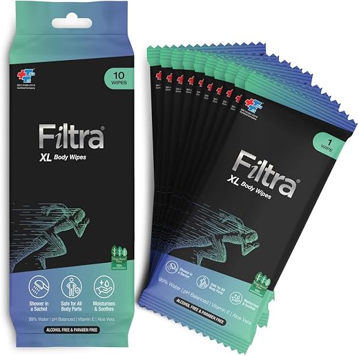 Filtra® XL Body Wipes | Extra Large &amp; Thick Full Body Wipes | Pack of 10 Single Sachets Wipes | Shower in a Sachet | Suite...