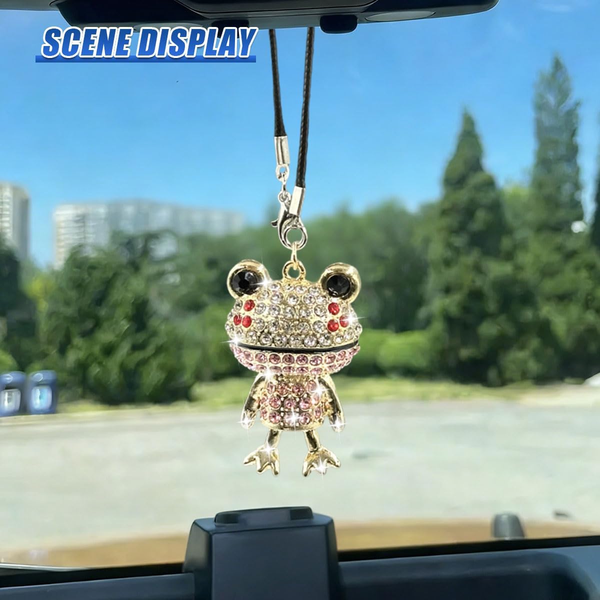 Bling Frog Car Rear View Mirror Charm, Rhinestone Auto Interior Hanging Ornament, Universal Cute Animal Vehicle Rearview Mirror Pendant Accessories Decoration for Women (Pink) image 5