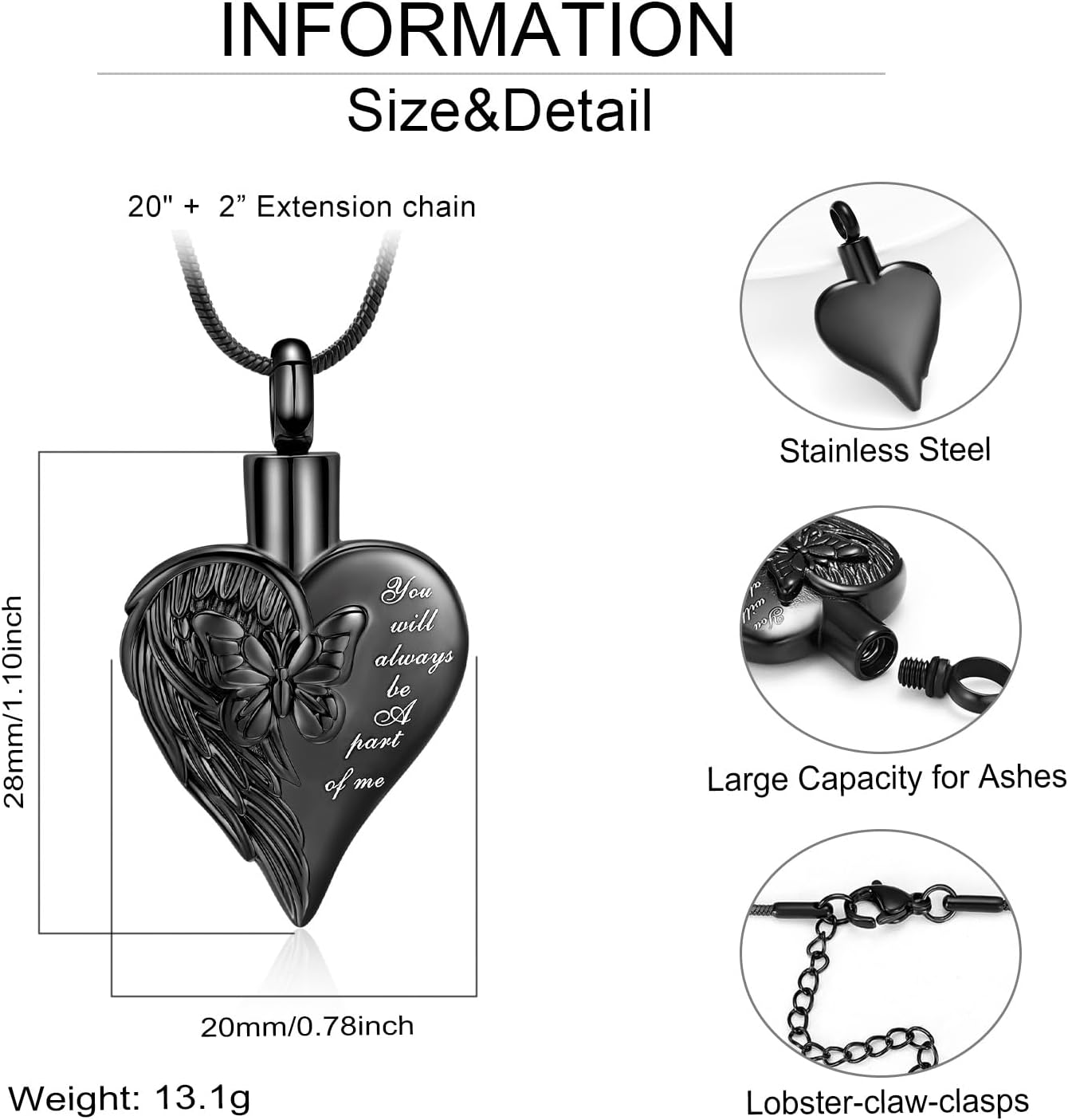 zeqingjw Heart Cremation Jewelry for Ashes Butterfly Urn Necklace for Women Loved Ones Ash Holder Keepsake Gift Memorial Pendent for Human Ashes - Image 2