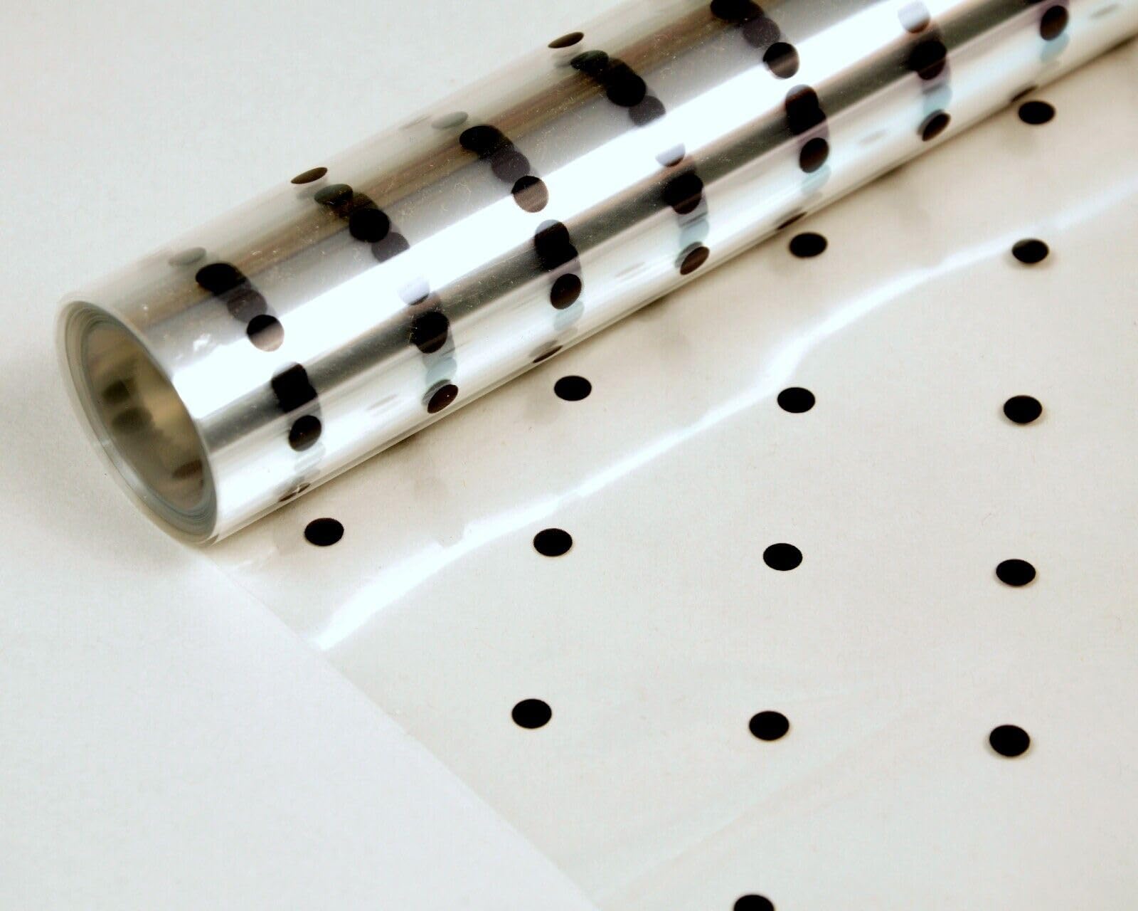 Cellophane Wrap Hamper Florist Film - 800mm Wide x 10m Long - 1 Roll - Black Dot | Wrapping Paper & Gift Wrap for Bouquets, Baskets & Hampers – Supplied On a Roll With No Cardboard Core — image 1