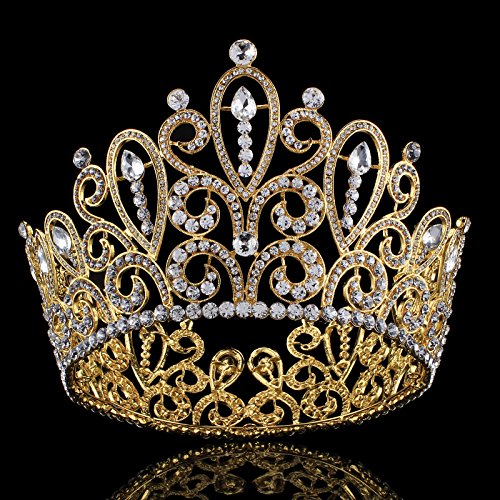 FUMUD Height 4.4''Luxury Crystal Big Queen King Gold Tiara Crown Pageant Prom Diadem Tiaras For Women Hair Jewelry Accessory (FMHG00374) (Gold)