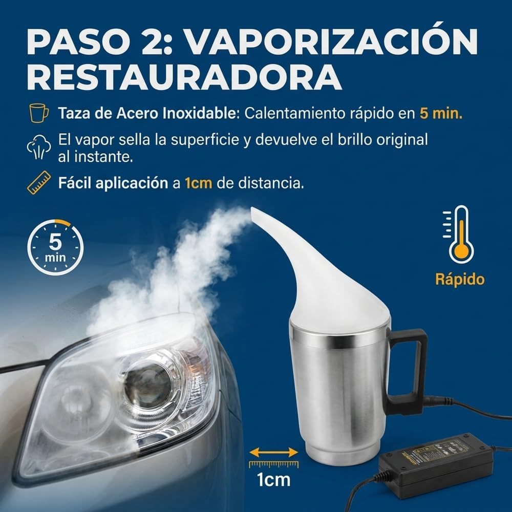 Kit Completo de Restauración y Pulido de Faros de Coche - Incluye 2 Botes de Solución Abrillantadora (800g) y Aplicador Térmico de Acero Inoxidable. Elimina Arañazos y Amarilleo
