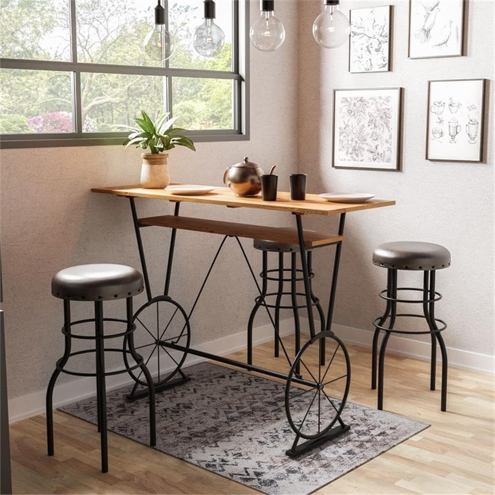 BOWERY HILL Contemporary Metal Bar Table, 1-Shelf Rectangle Design, Oak and Black Finish, 47.24" W x 15.75" D x 34.25" H, Particle Board MDF, Farmhouse Style Dining Area or Home Bar Furniture