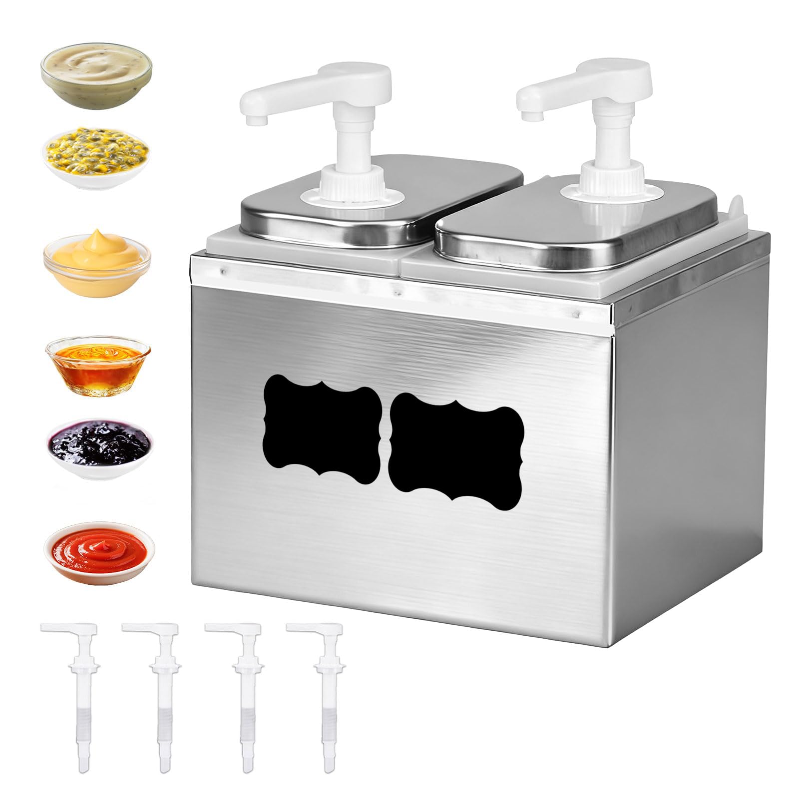 Distributore per ketchup da 5 l, con 2 pompe, 4 etichette, rimovibili, girevoli, in acciaio inox, per cucina e ristorante, ketchup, condimento per insalata, mayo, miele, salsa di soia e aceto