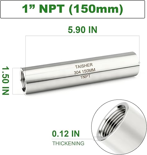 Miniatura 528 de TAISHER 2 accesorios de tubería de acero inoxidable, 1/2 "NPT x 1/2" NPT macho roscado, tubo fundido de pezón de 6 pulgadas de longitud 1.969 in