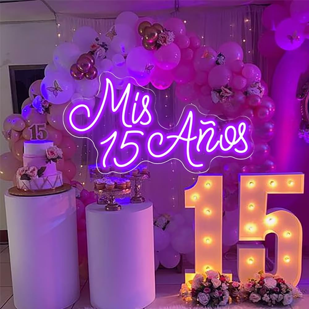 Mis 15 Aos Neon Sign,Custom 15th Birthday Led Neon Light,Quinceanera Party Sign,USB Powered Size:18inch