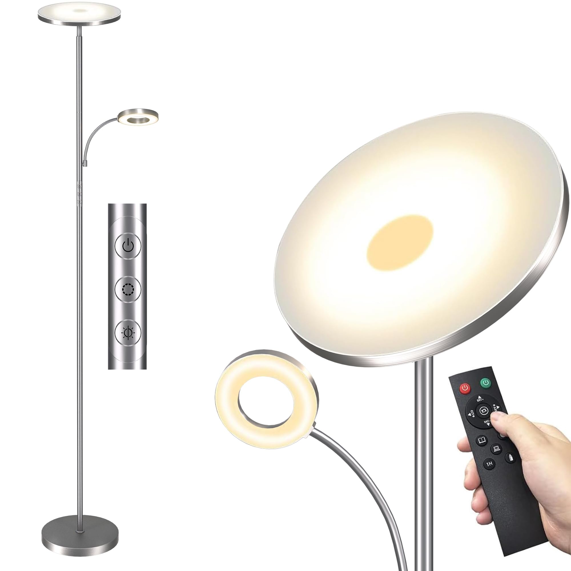 mukuxin LED Uplighter Floor Lamp, Upgraded 42W 4200LM Dimmable Floor Standing Lamp with Remote & Touch Control, 1min Installation, Standard Reading Lamps Living Room Modern (Brushed Nickel)
