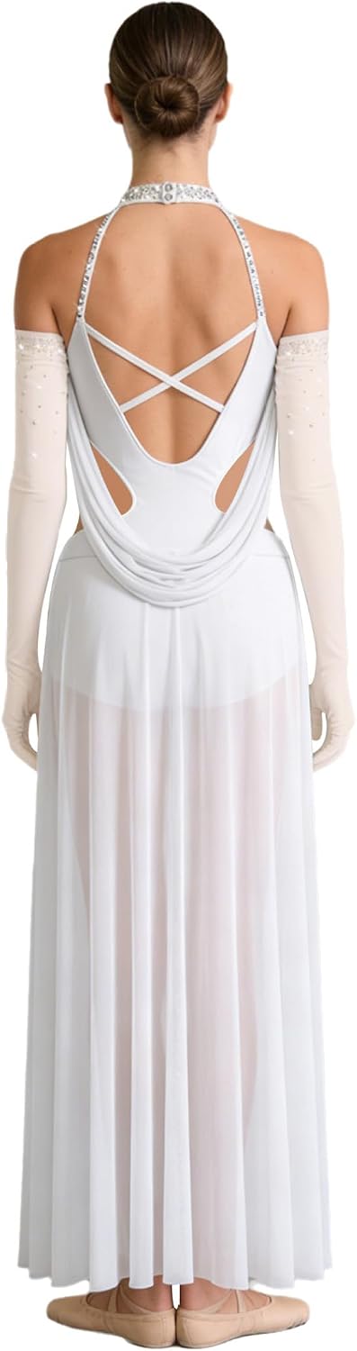 Women Sparkly Rhinestones Lyrical Dance Dress Sleeveless Backless Contemporary Dancewear with Gloves