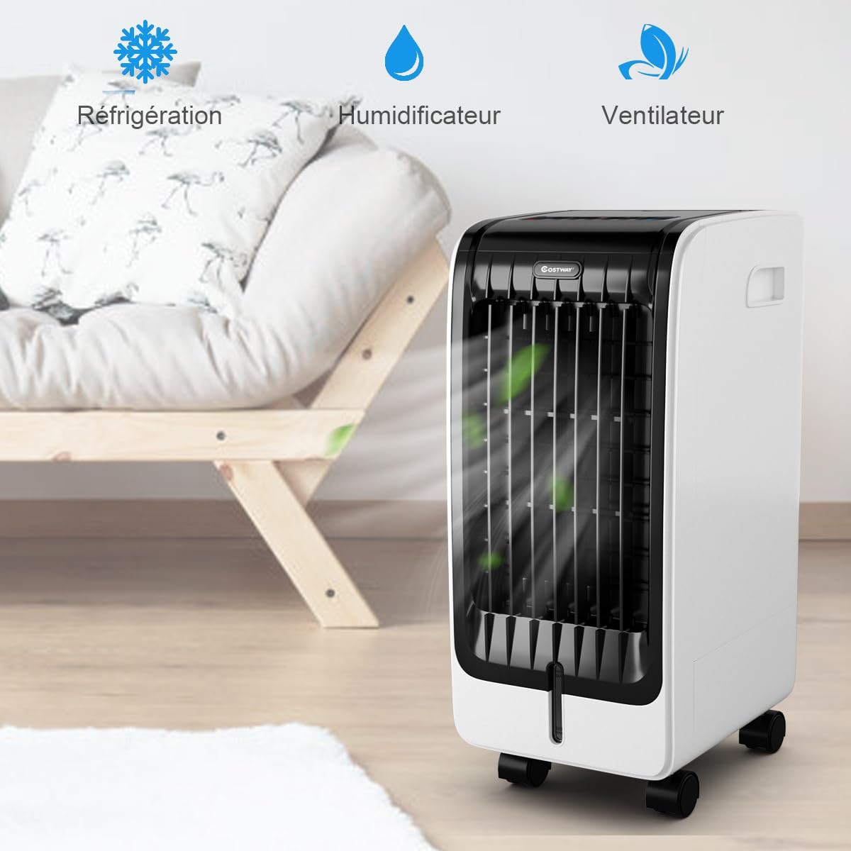 COSTWAY Rafraîchisseur d'Air 4 EN 1, Climatiseur Mobile sans Évacuation 6L, Auto-Oscillation,Refroidissement,Humidificateur,Minuterie 8H,2 Pain de Glace,Mini Climatiseur Faible Conso
