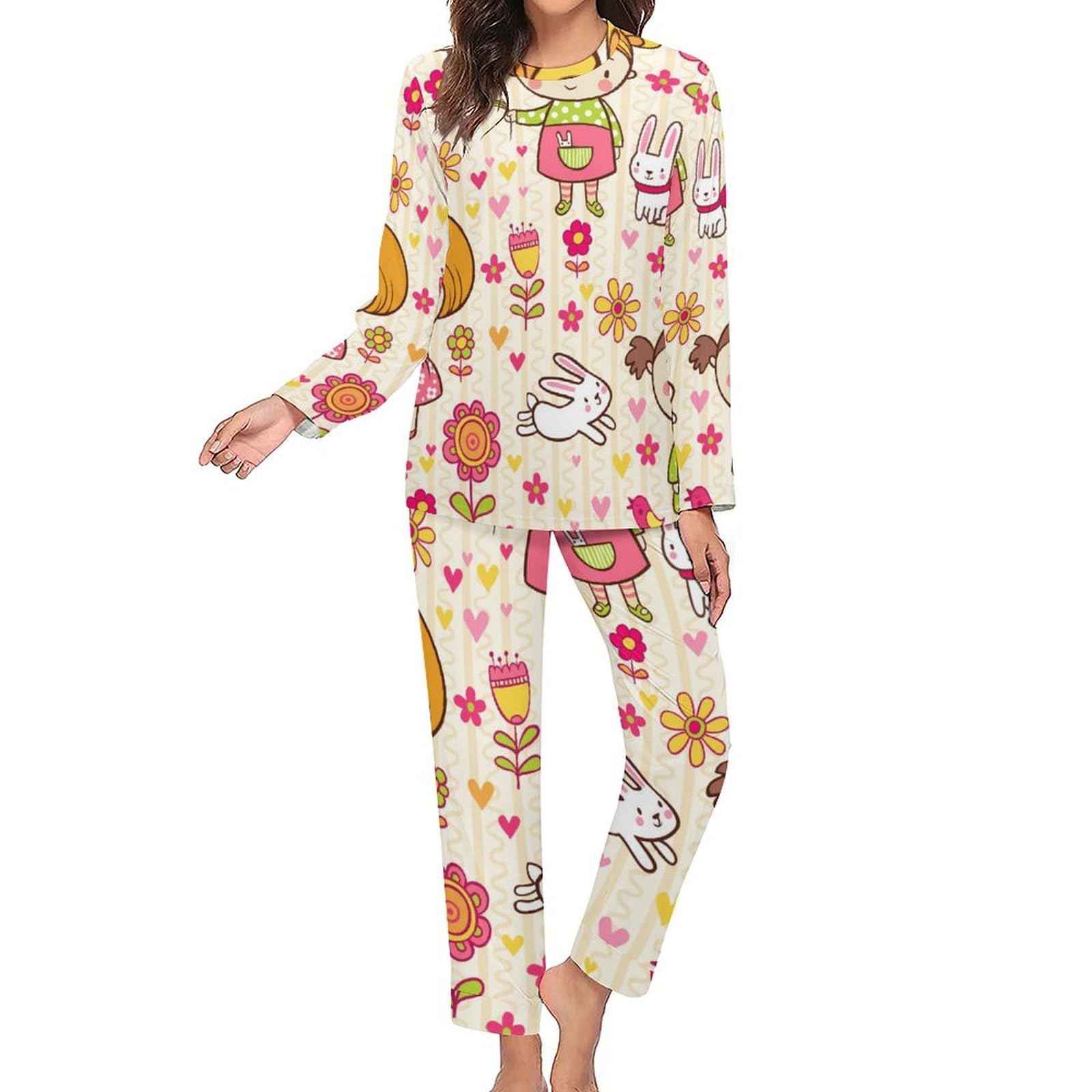 Niedliches Mädchen Damen Schlafanzug Lange Pyjama Set Zweiteiliger Nachtwäsche Langarm Hausanzug Sleepwear